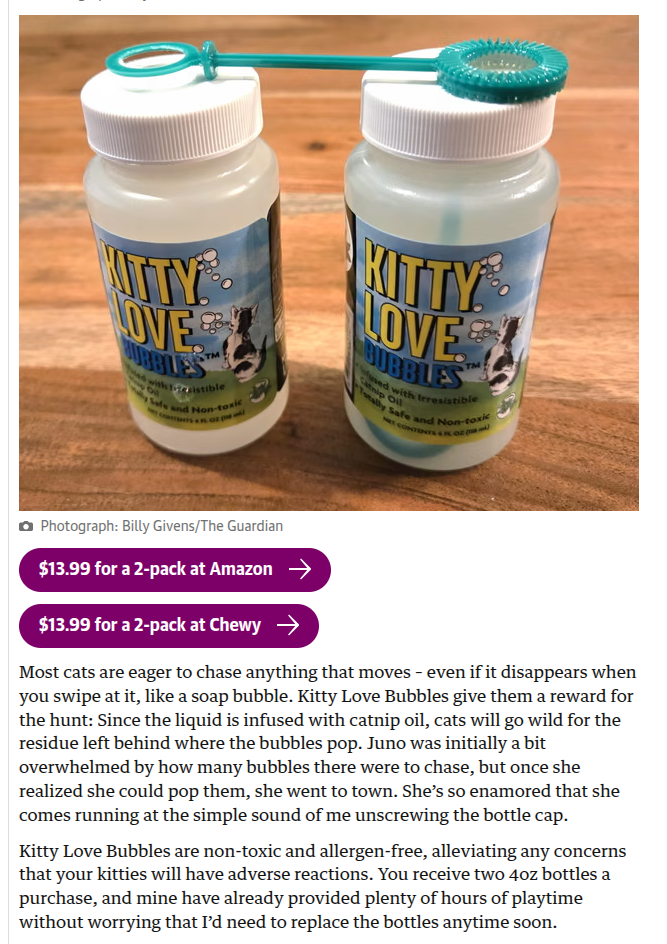 Kitty Love Bubbles featured in The Guardian's holiday gift guide for cats