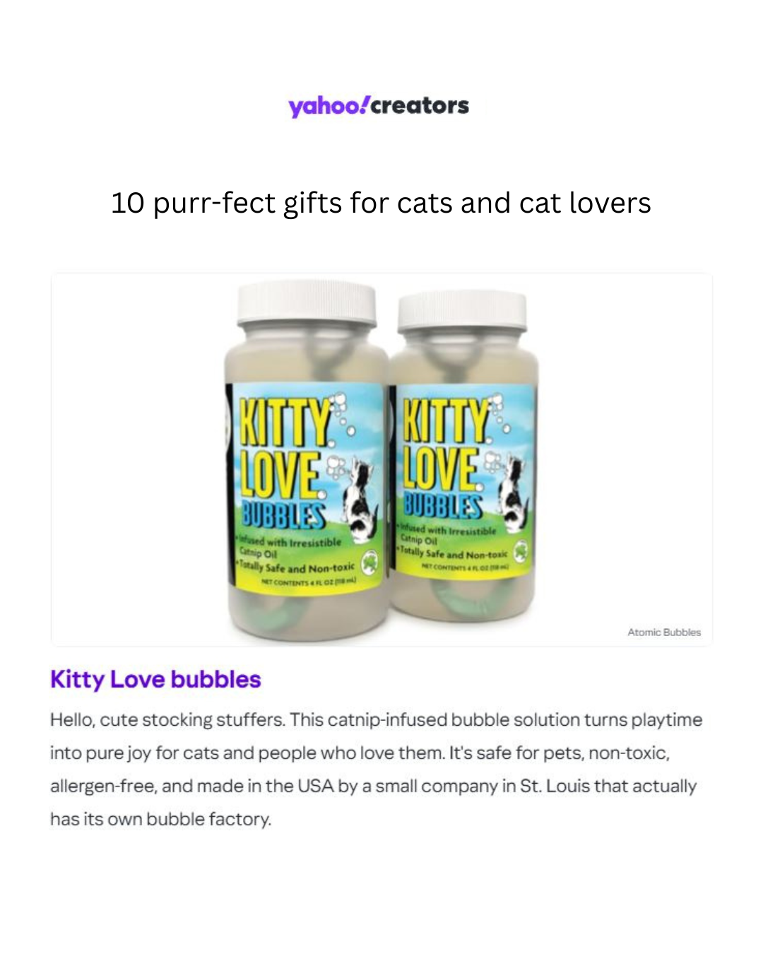 Kitty Love Bubbles featured in Yahoo's gift guide for cat lovers